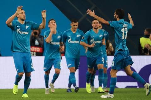 ST PETERSBURG, RUSSIA â€“ OCTOBER 25, 2018: Zenit St Petersburg s players celebrate scoring in their 2018 19 UEFA Europa League Group C Round 3 football match against FC Bordeaux at Saint Petersburg Stadium. Alexander Demianchuk TASS  TS0953B0