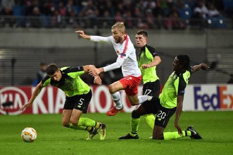 Soccer Men Season 2018 2019 Europa League Group B 3 Gameday RB Leipzig Celtic Glasgow Jozo Simunovic No 5 Celtic Glasgow Konrad Laimer No 27 RB Leipzig Dedryck Boyata No 20 Celtic Glasgow 25 10 2018 Copyright: xMatthiasxKochx