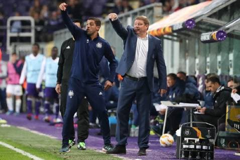 Anderlecht s assistant coach Karim Belhocine and Anderlecht s head coach Hein Vanhaezebrouck gesture during the match between Belgian soccer team RSC Anderlecht and Turkish team Fenerbahce, Thursday 25 October 2018 in Anderlecht on the third day of the UEFA Europa League group stage, in group D. VIRGINIExLEFOUR  x05455167x