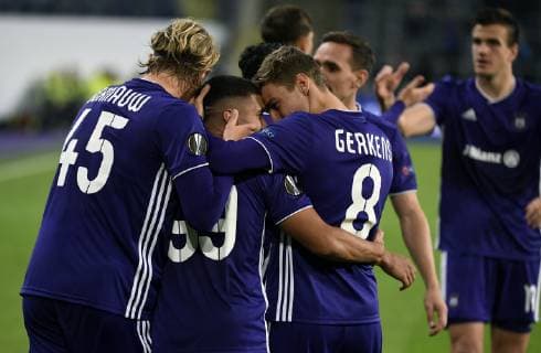 Zakaria Bakkali midfielder of RSC Anderlecht celebrates with teammates after scoring FOOTBALL : RSC Anderlecht vs Fenerbahce - Ligue europeenne - 25 10 2018 PhotoNews Panoramic  775219992