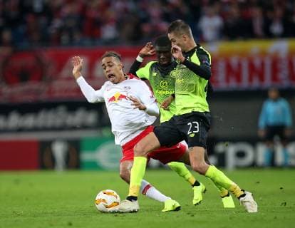 25 10 2018 Football UEFA Europa League 2018 2019 Group Stage 3 Gameday RB Leipzig Celtic Glasgow at Red Bull Arena Leipzig LR Yussuf Poulsen RB Leipzig against Eboue Kouassi Celtic Glasgow and Mikael Lustig Celtic Glasgow DFL and DFB regulations prohibit any use of photographs as image sequences and or quasi video