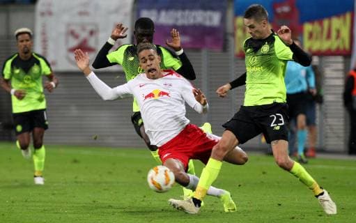 GER Europa League Group B RasenBallsport Leipzig vs Celtic Glasgow 25 10 18 Leipzig Red Bull Arena GER Season 2018 2019 UEFA Europa League Group B 3 Gameday of 6 RasenBallsport Leipzig vs Celtic Glasgow Pictured Yussuf Poulsen Leipzig vs Eboue Kouassi and Mikael Lustig Glasgow DFL regulations prohibit any use of images as image sequences and or quasi video