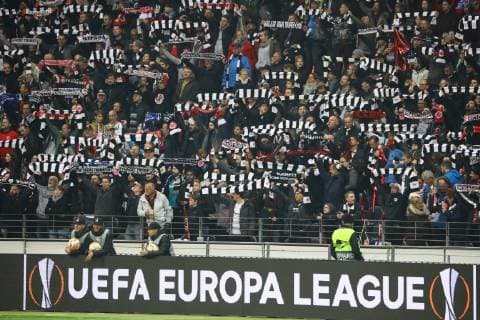 Frankfurt fans celebrate a football match in the Europa League 25 10 2018 Eintracht Frankfurt vs Apollon Limassol FC Commerzbank Arena Europa League 3 Matchday DISCLAIMER DFL regulations prohibit any use of images as image sequences and or quasi video
