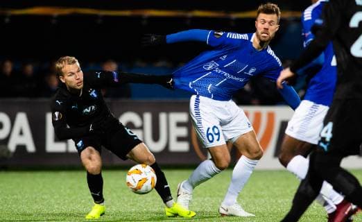 181025 Oscar Lewicki of Malmö FF and Patrick Mortensen of Sarpsborg 08 during the Europa League group stage match between Sarpsborg 08 and Malmö FF on October 25, 2018 in Sarpsborg Photo Fredrik Varfjell PICTURE BODY N Code FV 150152  Copyright: FREDRIKxVARFJELL BB181025FV011