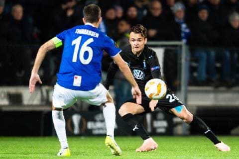 181025 Joachim Thomassen or Sarpsborg 08 and Andreas Vindheim of Malmö FF during the Europe League group stage match between Sarpsborg 08 and Malmö FF on October 25, 2018 in Sarpsborg Photo Petter Arvidson BILDBYR N Code PA 92137  Copyright: PETTERxARVIDSON BB181025PA027