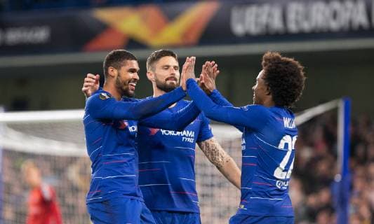 Ruben LOFTUS-CHEEK of Chelsea celebrates his 2nd goal with WILLIAN and Olivier GIROUD of Chelsea during the UEFA Europa League group match between Chelsea and FC BATE Borisov at Stamford Bridge, London, England on 25 October 2018. Copyright: xAndyxRowlandx PMI-2348-0002