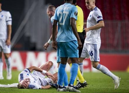 Viktor Fischer, FC Koebenhavn oemmer sig i Europa League kampen mellem FCK - SK Slavia Praha i Telia Parken torsdag den 25 oktober 2018. , Copenhagen Denmark  Copyright: Scanpix LiselottexSabroex COP101 spdk20181025-213034-L