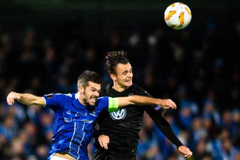 181025 Joachim Thomassen or Sarpsborg 08 and Andreas Vindheim of Malmö FF during the Europe League group stage match between Sarpsborg 08 and Malmö FF on October 25, 2018 in Sarpsborg Photo Petter Arvidson BILDBYR N Code PA 92137  Copyright: PETTERxARVIDSON BB181025PA044