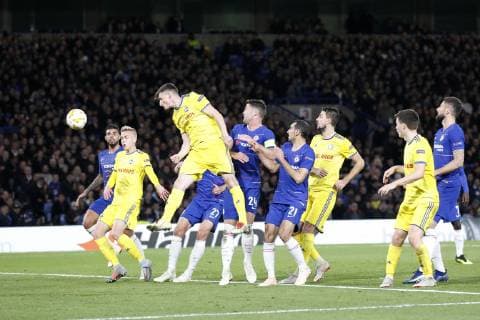 Aleksei Rios of BATE Borisov heads in a consolation goal during the UEFA Europa League group stage match between Chelsea and FC BATE Borisov at Stamford Bridge, London, England on 25 October 2018. Copyright: xCarltonxMyriex 21630020