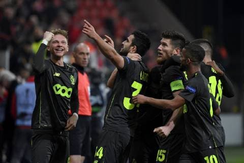Renaud Emond forward of Standard Liege, Konstantinos Laifis defender of Standard Liege celebrates scoring a goal FOOTBALL : Standard de Liege vs Futbolny Klub Krasnodar - Ligue europeenne - 25 10 2018 PhotoNews Panoramic  775220002
