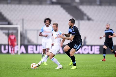 28 VALERE GERMAIN (OM) - 33 FRANCESCO ACERBI (LAZ) FOOTBALL : Marseille vs Lazio Rome - Ligue Europa - 25 10 2018 FEP Panoramic 
