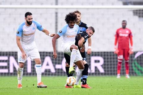 19 LUIZ GUSTAVO (OM) - 07 VALON BERISHA (LAZ) - 23 ADIL RAMI (OM) FOOTBALL : Marseille vs Lazio Rome - Ligue Europa - 25 10 2018 FEP Panoramic 