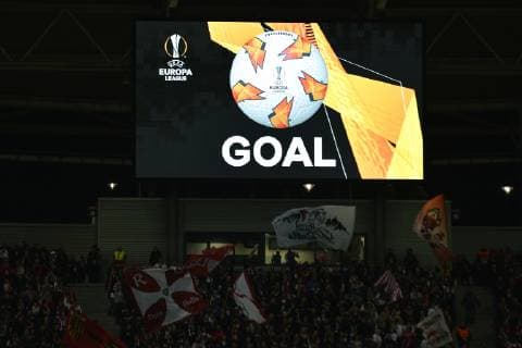 UEFA Europa League 2018 2019 Group Stage Group Stage 3 Gameday RB Leipzig vs Celtic FC Glasgow 25 10 2018 After the 1 0 for RBL by Matheus Cunha not pictured appears on the scoreboard of the logo Goal a ball and the Europa League logo Leipzig Saxony Germany