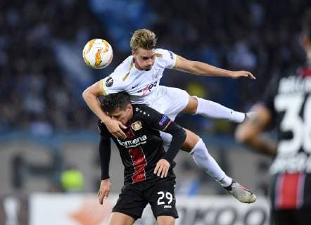 SOCCER EUROPE LEAGUE SEASON 2018 2019 Group stage FC Zuerich Bayer 04 Leverkusen 25 10 2018 Kai Havertz down Bayer 04 Leverkusen against Andreas Maxso above FC Zuerich