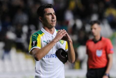 (181026) -- NICOSIA, Oct. 26, 2018 -- Jorge Larena of AEK Larnaca celebrates scoring during the Europa League Group A match between AEK Larnaca and Ludogorets in Nicosia, Cyprus on Oct. 25, 2018. The match tied 1-1. ) (SP)CYPRUS-NICOSIA-SOCCER-UEFA EUROPA LEAGUE-AEK LARNACA VS LUDOGORETS SakisxSavvides 