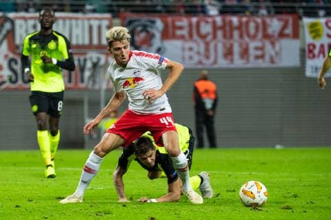 (181026) -- LEIPZIG, Oct. 26, 2018 -- Leipzig s Kevin Kampl (Top) vies with Celtic s Cristian Gamboa during a third round match in Group B of UEFA Europa League between RB Leipzig of Germany and Celtic FC of Scotland, in Leipzig, Germany, on Oct. 25, 2018. Leipzig won 2-0. ) (SP)GERMANY-LEIPZIG-SOCCER-UEFA EUROPA LEAGUE-LEIPZIG VS CELTIC KevinxVoigt 