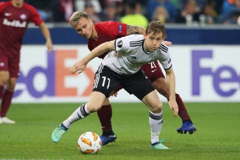 SOCCER - UEFA EL, RBS vs Rosenborg SALZBURG,AUSTRIA,25.OCT.18 - SOCCER - UEFA Europa League, group stage, Red Bull Salzburg vs Rosenborg BK. Image shows Yann-Erik de Lanlay (Rosenborg) and Fredrik Gulbrandsen (RBS). GEPAxpictures xMathiasxMandl