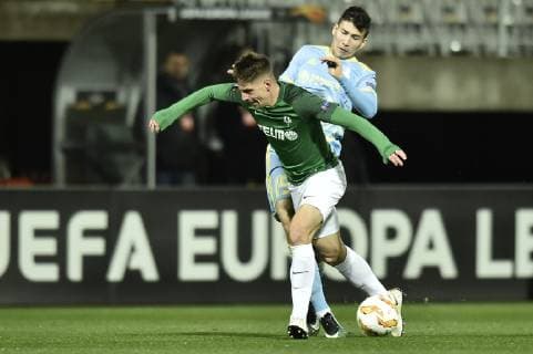 L-R Lukas Masopust (Jablonec) and Baktyor Zajnutdinov (Astana) in action during the 3rd round of the European UEFA Europa League, match FK Jablonec vs FC Astana, in Jablonec nad Nisou, Czech Republic, on October 25, 201878. (CTKxPhoto RadekxPetrasek) CTKPhotoP201810251223301  _PER5362-1
