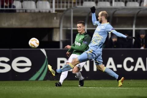 L-R Tomas Holes (Jablonec) and Ivan Majevskij (Astana) in action during the 3rd round of the European UEFA Europa League, match FK Jablonec vs FC Astana, in Jablonec nad Nisou, Czech Republic, on October 25, 201878. (CTKxPhoto RadekxPetrasek) CTKPhotoP201810251236701  _PER5480