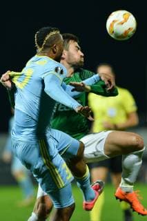 L-R Junior Kabananga (Astana) and David Hovorka (Jablonec) in action during the 3rd round of the European UEFA Europa League, match FK Jablonec vs FC Astana, in Jablonec nad Nisou, Czech Republic, on October 25, 201878. (CTKxPhoto VitxCerny) CTKPhotoP201810251255201  CEV 5