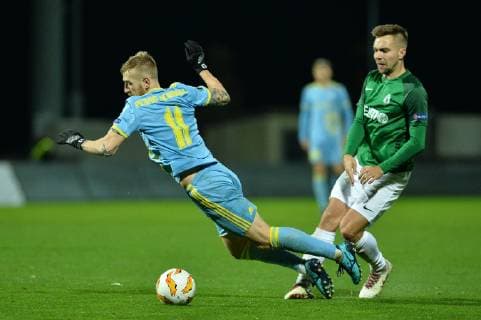 L-R Pedro Henrique (Astana) and Jakub Povazanec (Jablonec) in action during the 3rd round of the European UEFA Europa League, match FK Jablonec vs FC Astana, in Jablonec nad Nisou, Czech Republic, on October 25, 201878. (CTKxPhoto VitxCerny) CTKPhotoP201810251267101  CEV 8