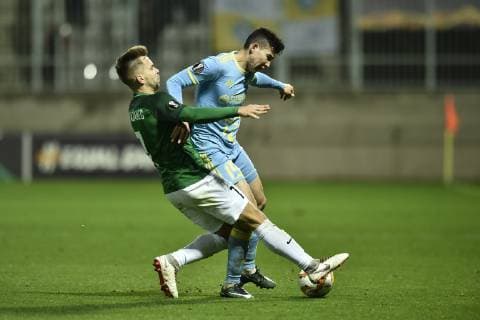 L-R Jakub Povazanec (Jablonec) and Baktyor Zajnutdinov (Astana) in action during the 3rd round of the European UEFA Europa League, match FK Jablonec vs FC Astana, in Jablonec nad Nisou, Czech Republic, on October 25, 201878. (CTKxPhoto RadekxPetrasek) CTKPhotoP201810251304201  _PER5783