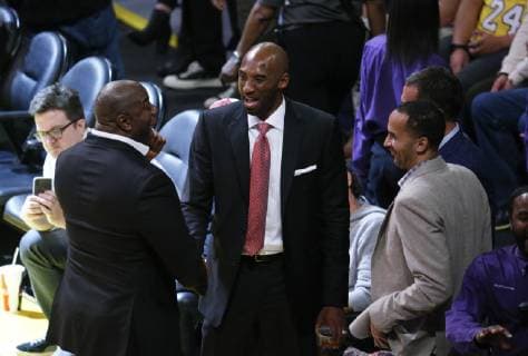 October 25, 2018 - Los Angeles, California, U.S - Magic Johnson, Kobe Bryant and Lakers GM Rob Pelinka attend an NBA Basketball Herren USA basketball game between Los Angeles Lakers and Denver Nuggets in Los Angeles, Thursday, Oct. 25, 2018. Celebrities in Lakers games - ZUMAc68_ 86240820st Copyright: xRingoxChiux