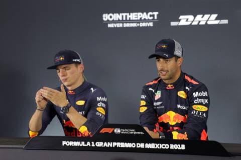 Photo4 LaPresse 27 10 2018 Mexico City,Mexico Grand Prix Formula One Mexico 2018 In the pic: press conference PK Pressekonferenz pole position 1st position Daniel Ricciardo (AUS) Red Bull Racing RB14 2nd position Max Verstappen (NED) Red Bull Racing RB14  Copyright: xPhoto4 LaPressex