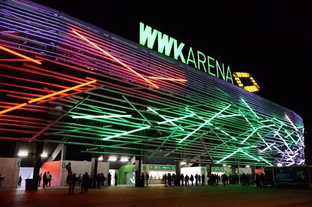 30 10 2018 xemx Football DFB Pokal 2 Round FC Augsburg 1 FSV Mainz 05 emporer WWK Arena Fasade illuminated before the match DFL DFB REGULATIONS PROHIBIT ANY USE OF PHOTOGRAPH as IMAGE SEQUENCES and or QUASI VIDEO Augsburg
