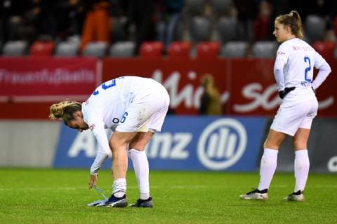 v left Caroline Abbe FC Zurich 26 Naomi Megroz FC Zurich 2 looking disappointed after the match has ended disappointment frustration disappointed pessimistic football UEFA Womens Champions League FC Bayern Munich FC Zurich xslx