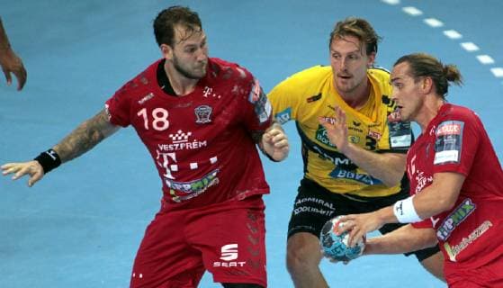 03.11.2018 Veszprem(Hungary) Telekom Veszprem-Rhein-Neckar Löwen EHF Champions League men s handball Jesper Nielsen(C) Rhein-Neckar Löwen between Andreas Nilsson(L),Kent TÖNNESEN (r)Telekom Veszprem : 