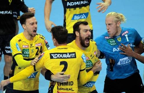 03.11.2018 Veszprem(Hungary) Telekom Veszprem-Rhein-Neckar Löwen EHF Champions League men s handball Patrick Groetzki(L),Gedeon Guardiola(3L),Mikael Appelgren(r) Rhein-Neckar Löwen celebrate victory : 