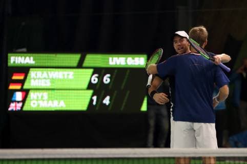 04 11 2018 Tennis ATP Challenger Cup Bauer Watertechnology Cup 2018 International German Indoor Championship Final Double DaMa Joy Joy Joy after the end of the game Andreas Mies GER and Kevin Krawietz GER hug each other