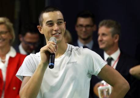 04 11 2018 Tennis ATP Challenger Cup Bauer Watertechnology Cup 2018 International German Indoor Championships Final Single DaMa Joy Joy Jubilee after end of game Antoine Hoang FRA in Interview