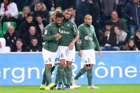 Fußball, AS St. Etienne - SCO Angers 10 WAHBI KHAZRI (ASSE) - 06 YANN M VILA (ASSE) - 09 LOIS DIONY (ASSE) - JOIE FOOTBALL : Saint Etienne vs Angers - Ligue 1 Conforama - 04 11 2018 FEP Panoramic 