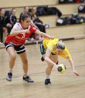 Germany Hattersheim 04 11 2018 Handball Hesse 3 League West Women Season 2018 2019 TSG Eddersheim red SC Markranstädt yellow v l Hanna Aylin Özer Eddersheim Thea Schwarz Markranstädt Sport TSG Eddersheim SC Markranstädt