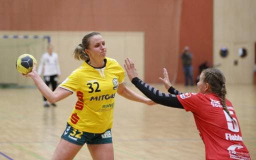 Germany Hattersheim 04 11 2018 Handball Hesse 3 League West Women Season 2018 2019 TSG Eddersheim red SC Markranstädt yellow v l Martyna Rupp Markranstädt Alexandra Flebbe Eddersheim Sport TSG Eddersheim SC Markranstädt