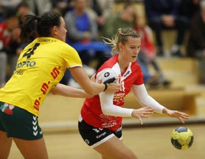 Germany Hattersheim 04 11 2018 Handball Hesse 3 League West Women Season 2018 2019 TSG Eddersheim red SC Markranstädt yellow v l Henriette Dreier Markranstädt Lea Müller Eddersheim Sport TSG Eddersheim SC Markranstädt