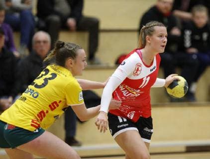 Germany Hattersheim 04 11 2018 Handball Hesse 3 League West Women Season 2018 2019 TSG Eddersheim red SC Markranstädt yellow v l Lena Smolik Markranstädt Lea Müller Eddersheim Sport TSG Eddersheim SC Markranstädt
