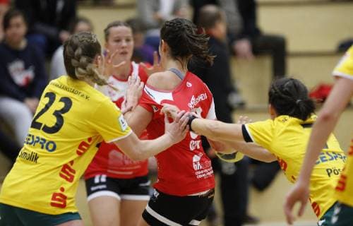 Germany Hattersheim 04 11 2018 Handball Hesse 3 League West Women Season 2018 2019 TSG Eddersheim red SC Markranstädt yellow v l Lena Smolik Markranstädt Hanna Aylin Özer Eddersheim Julia Pöschel Markranstädt pulling on jersey Sport TSG Eddersheim SC Markranstädt