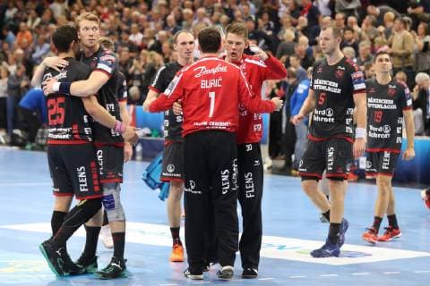 Jubilation after victory SG Flensburg Handewitt Flensburg Schleswig Holstein Germany Flens Arena Copyright: xAgentur54Gradx xSpeedphotosx