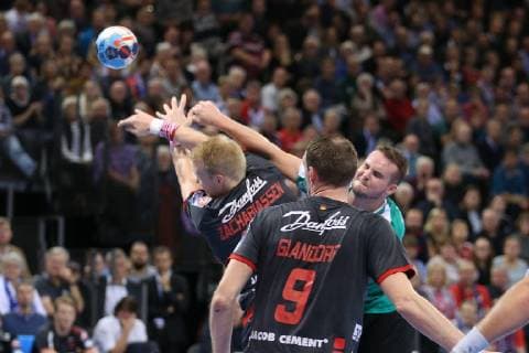 Jesper Konradsson Skjern Handbold 10 against Anders Zachariassen SG Flensburg Handewitt 22 Flensburg Schleswig Holstein Germany Flens Arena Copyright: xAgentur54Gradx xSpeedphotosx