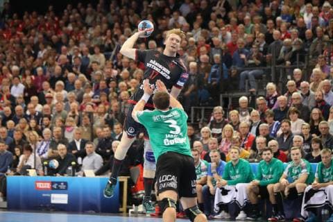Benjamin Jakobsen Skjern Handbold 03 against Simon Jeppsson SG Flensburg Handewitt 17 Flensburg Schleswig Holstein Germany Flens Arena Copyright: xAgentur54Gradx xSpeedphotosx
