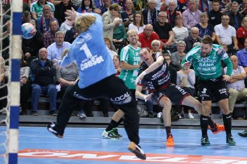 Holger Glandorf SG Flensburg Handewitt 09 against Emil Nielsen Skjern Handbold 01 and Thomas Mogensen Skjern Handbold 02 Flensburg Schleswig Holstein Germany Flens Arena Copyright: xAgentur54Gradx xSpeedphotosx
