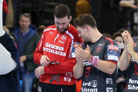 Inspect the Cup Benjamin Buric SG Flensburg Handewitt 01 and Dani Bajens SG Flensburg Handewitt 27 Flensburg Schleswig Holstein Germany Flens Arena Copyright: xAgentur54Gradx xSpeedphotosx