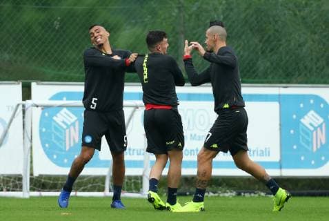 November 5, 2018 - Naples, Italy - SSC Napoli training : UEFA Champions League Group C .Allan, Mario Rui and Marek Hamsik of Napoli at Center of Castel Volturno in Naples, Italy on November 5, 2018. SSC Napoli Training Session And press conference PK Pressekonferenz  - ZUMAn230 20181105_zaa_n230_124 Copyright: xMatteoxCiambellix