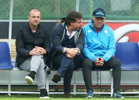 November 5, 2018 - Naples, Italy - SSC Napoli training : UEFA Champions League Group C .Napoli trainer Carlo Ancellotti with the director Cristiano Giuntoli and an assistant at Sport Center of Castel Volturno in Naples, Italy on November 5, 2018. SSC Napoli Training Session And press conference PK Pressekonferenz  - ZUMAn230 20181105_zaa_n230_127 Copyright: xMatteoxCiambellix