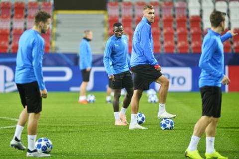 Soccer players of Viktoria UBONG EKPAI, back L-R and TOMAS CHORY in action during the training session prior to 4th round Football Champions League group G match: Viktoria Plzen vs Real Madrid in Pilsen, Czech Republic, November 6, 2018. (CTKxPhoto MiroslavxChaloupka) CTKPhotoP201811060862701  cha10