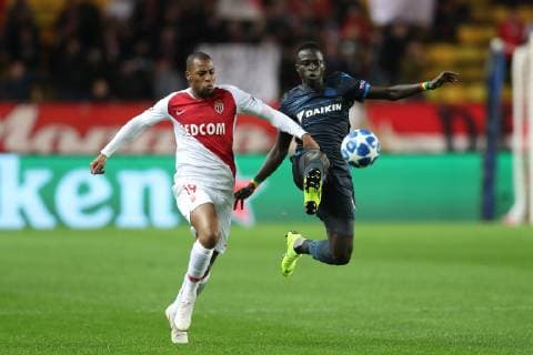 Monaco s Djibril Sidibe and Club s Krepin Diatta fight for the ball during a game between AS Monaco and Belgian soccer team Club Brugge KV in the Principality of Monaco, Tuesday 06 November 2018, on day four of the UEFA Champions League, in group A. BRUNOxFAHY  x05462673x