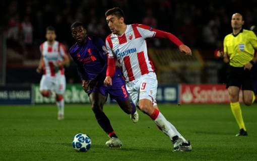 06.11.2018 Belgrade(Serbia) FK Crvena Zvezda(Red Star)-FC Liverpool Champions League men s football Milan Pavkov(c)FK Crvena Zvezda(Red Star) passing by Georginio Wijnaldum(L) FC Liverpool : 